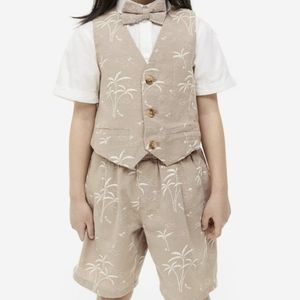 H&M Kids Boys 4 Piece Linen Set Shirt Vest Shorts Bow Tie 5-6 Wedding Formal NEW